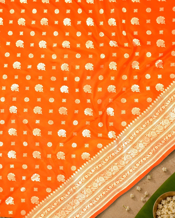 Orange Pure Katan Saree with Floral Butidar Weaves