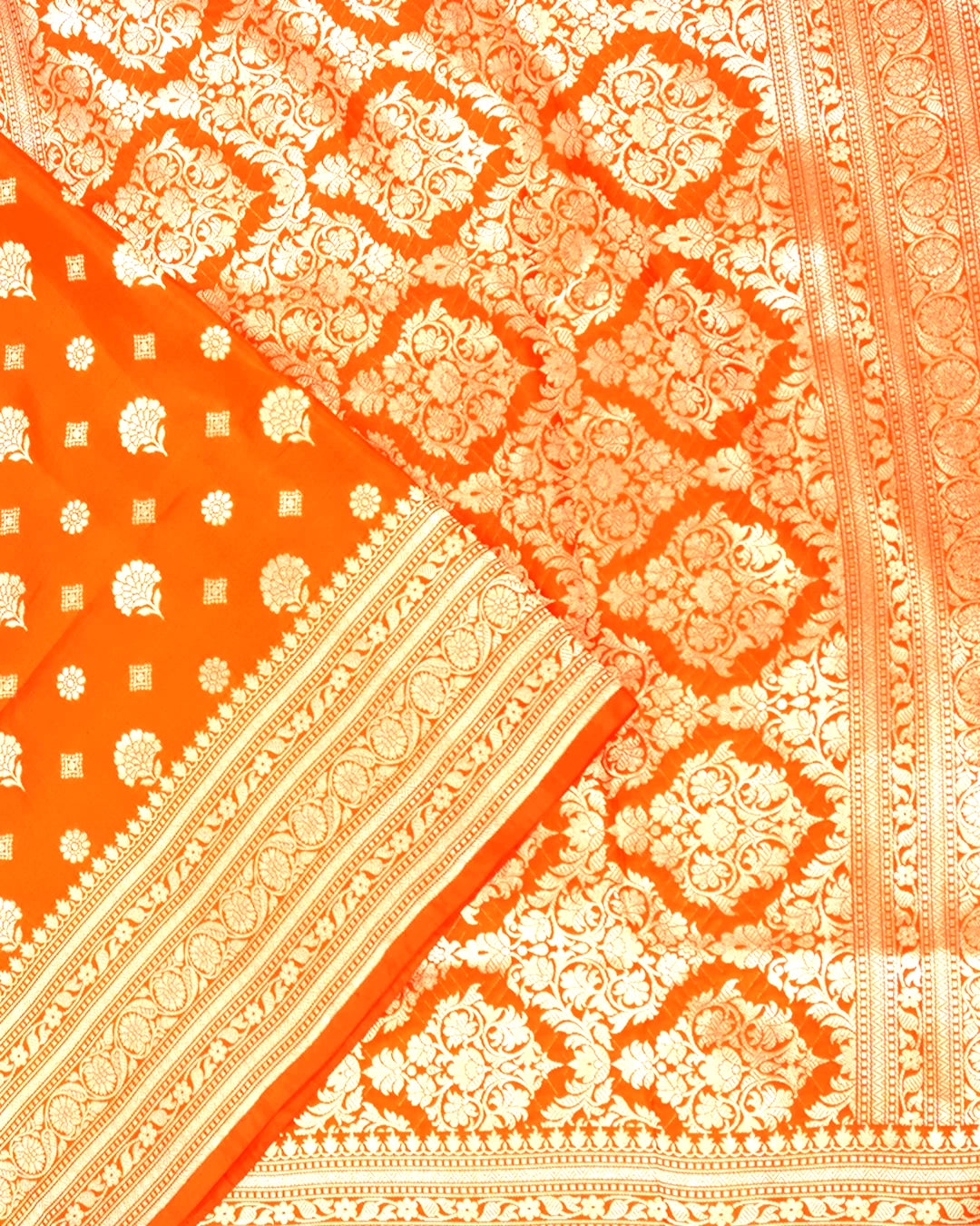 Orange Pure Katan Saree with Floral Butidar Weaves