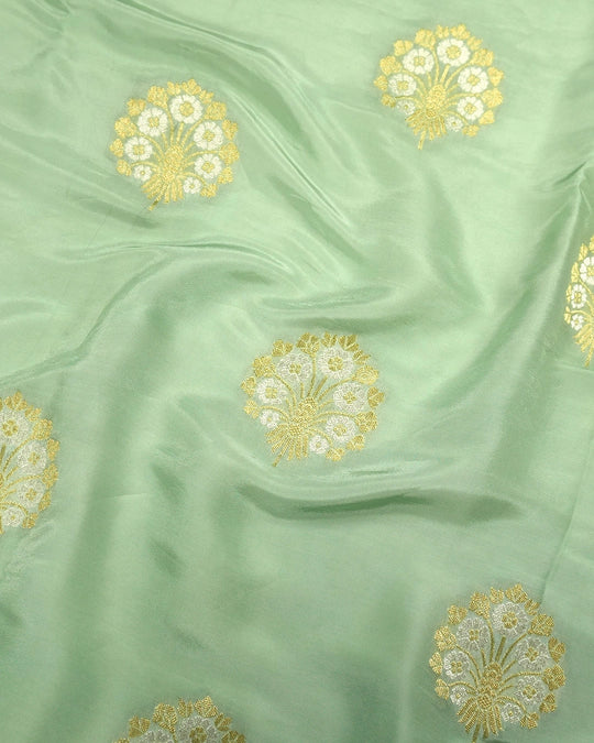 Green Pure Banarasi Saree with Floral Medallion Butta Weaves