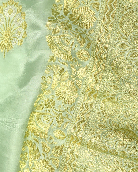 Green Pure Banarasi Saree with Floral Medallion Butta Weaves
