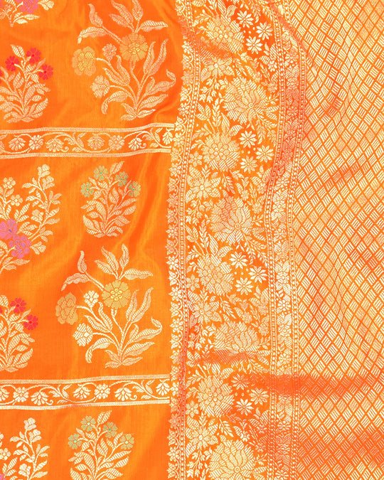 Orange Pure Katan Saree with Rich Meenakari Floral Buta Weaves