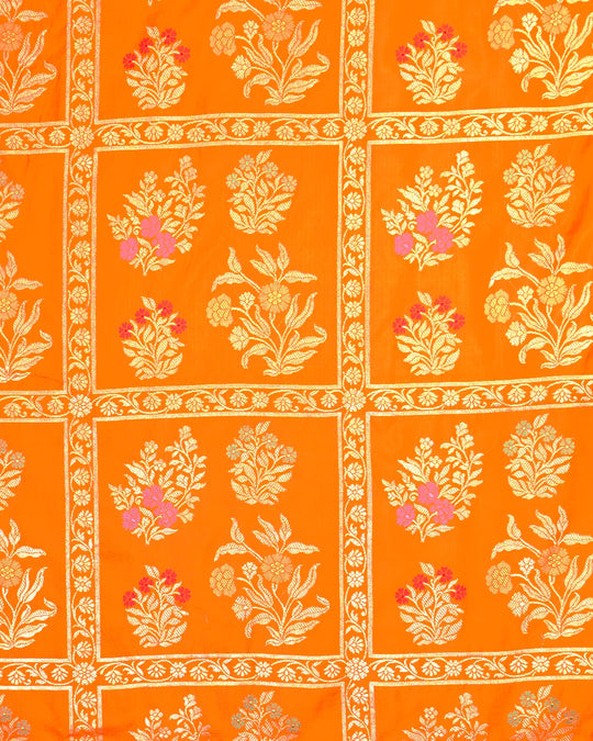 Orange Pure Katan Saree with Rich Meenakari Floral Buta Weaves