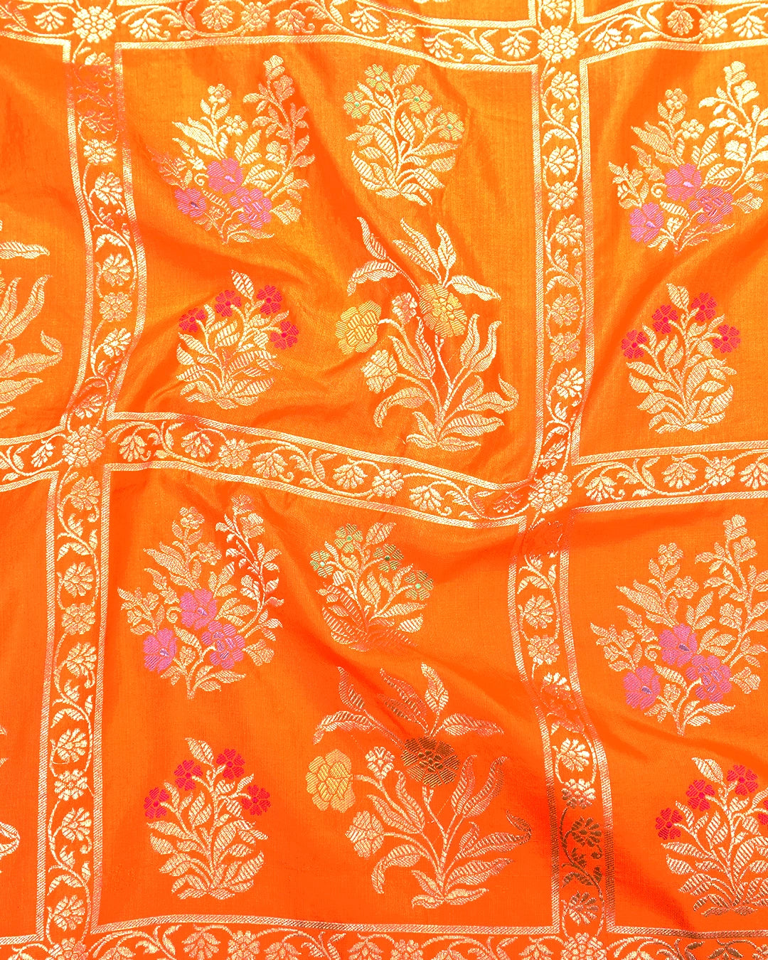 Orange Pure Katan Saree with Rich Meenakari Floral Buta Weaves