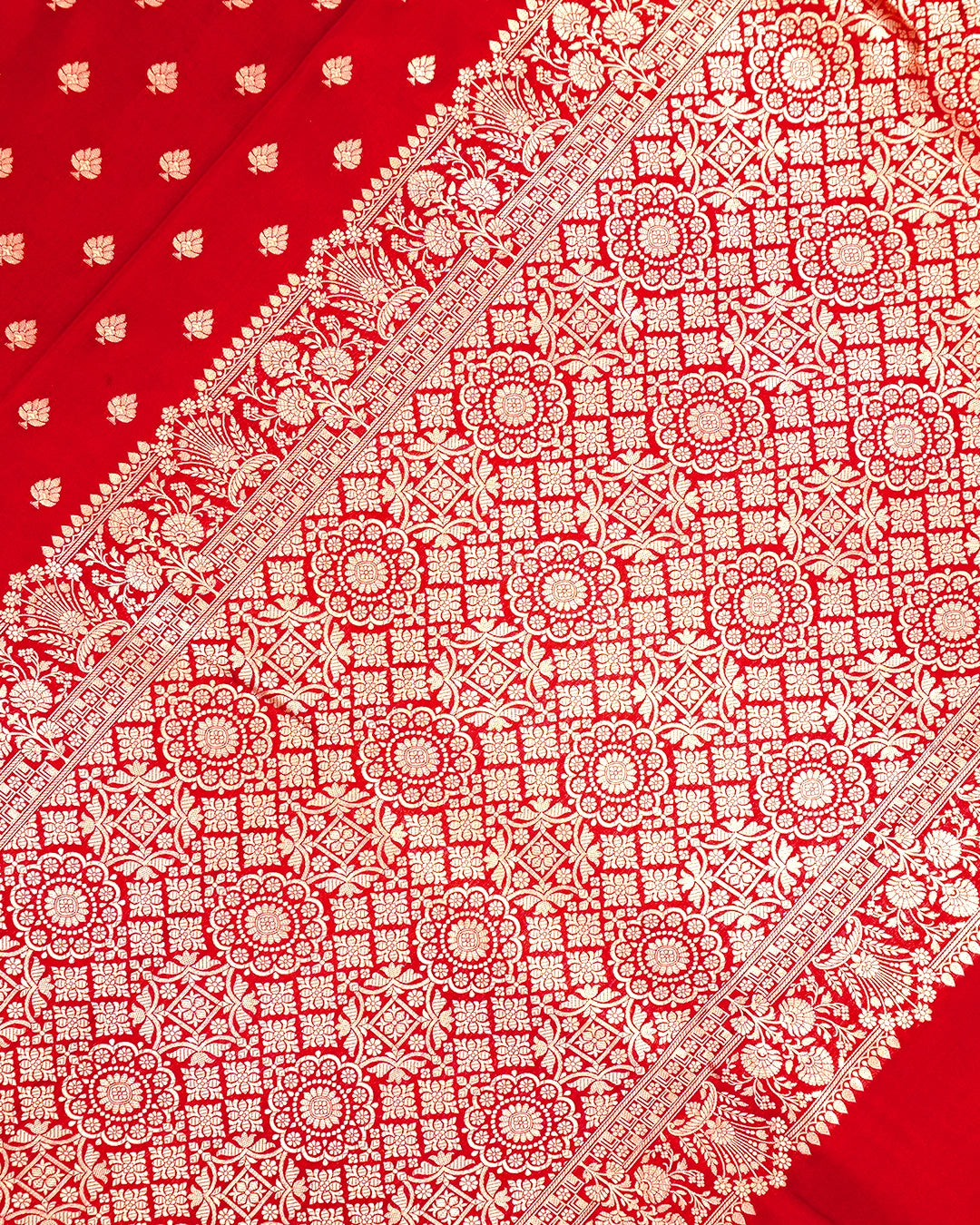 Red Pure Katan Saree with Delicate Floral Buti Weaving