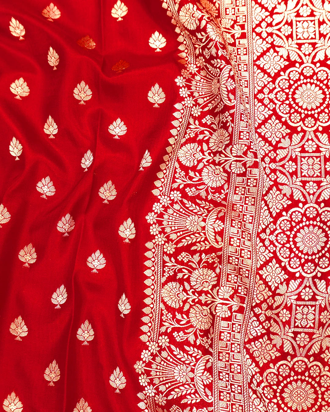 Red Pure Katan Saree with Delicate Floral Buti Weaving