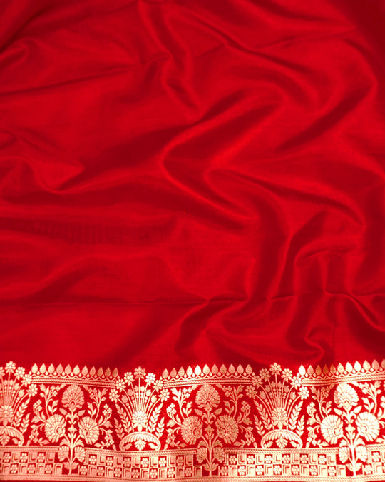 Red Pure Katan Saree with Delicate Floral Buti Weaving