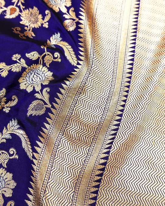 Royal Blue Pure Katan Saree with Exotic Floral Meenakari Jaal Weaving