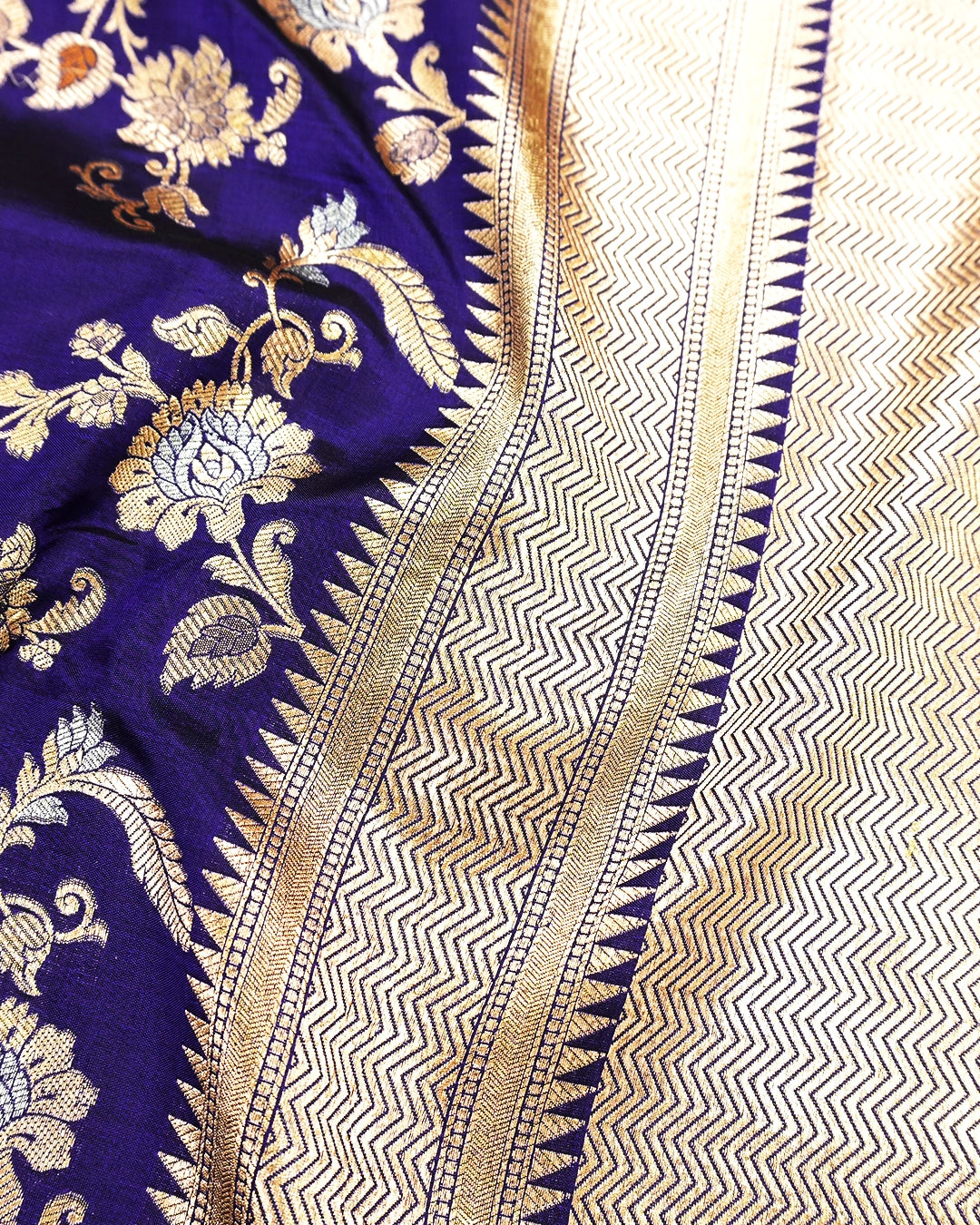 Royal Blue Pure Katan Saree with Exotic Floral Meenakari Jaal Weaving