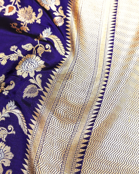 Royal Blue Pure Katan Saree with Exotic Floral Meenakari Jaal Weaving