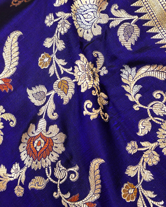 Royal Blue Pure Katan Saree with Exotic Floral Meenakari Jaal Weaving