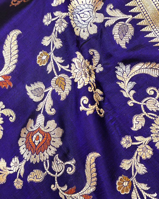 Royal Blue Pure Katan Saree with Exotic Floral Meenakari Jaal Weaving