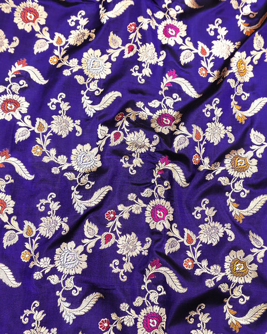 Royal Blue Pure Katan Saree with Exotic Floral Meenakari Jaal Weaving