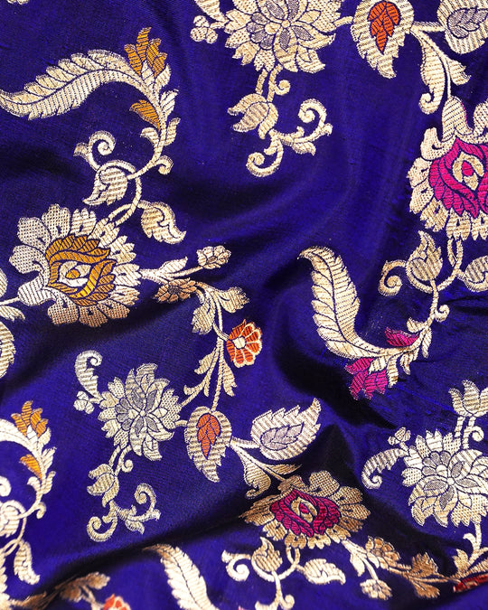 Royal Blue Pure Katan Saree with Exotic Floral Meenakari Jaal Weaving