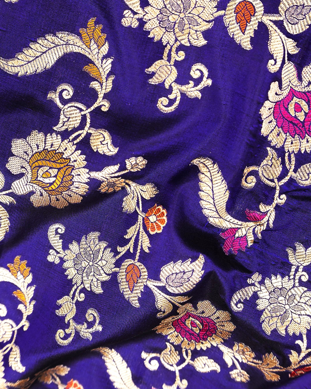 Royal Blue Pure Katan Saree with Exotic Floral Meenakari Jaal Weaving