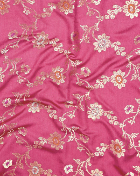 Pink Pure Banarasi Saree with Floral Meenakari Trail Weaves