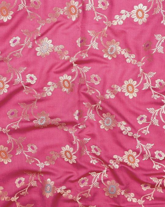 Pink Pure Banarasi Saree with Floral Meenakari Trail Weaves