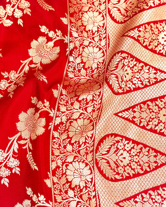 Red Pure Katan Saree with Floral Jangla Weaves
