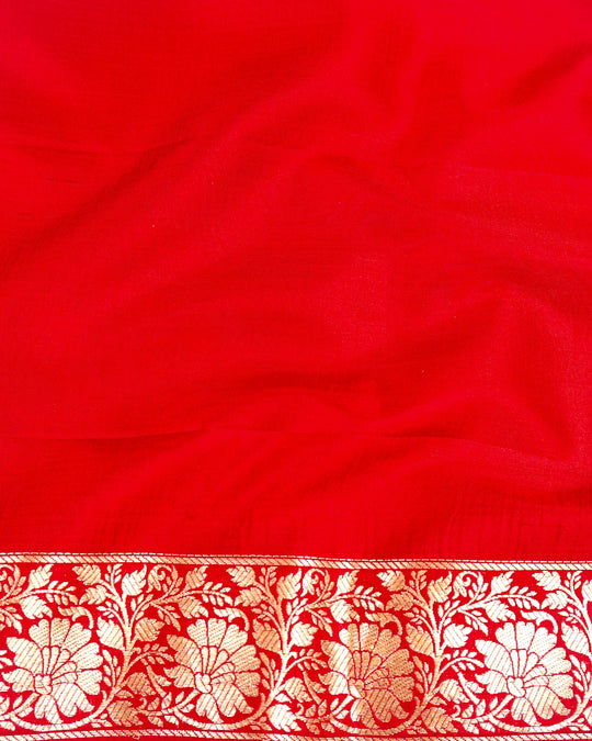 Red Pure Katan Saree with Floral Jangla Weaves