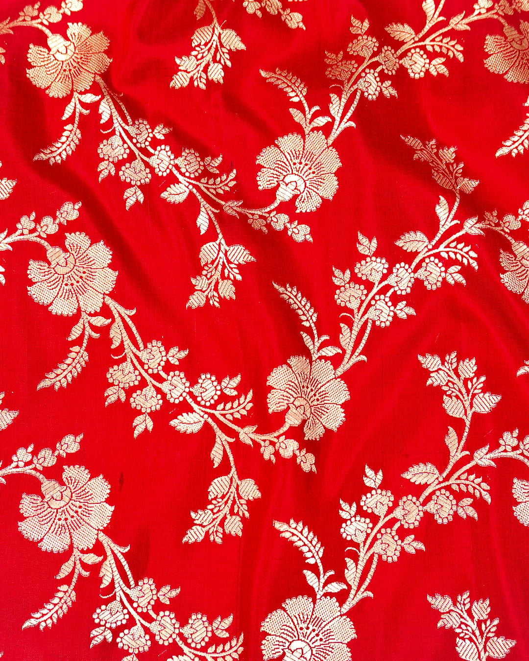 Red Pure Katan Saree with Floral Jangla Weaves