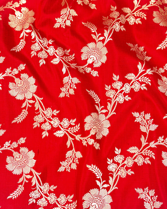 Red Pure Katan Saree with Floral Jangla Weaves