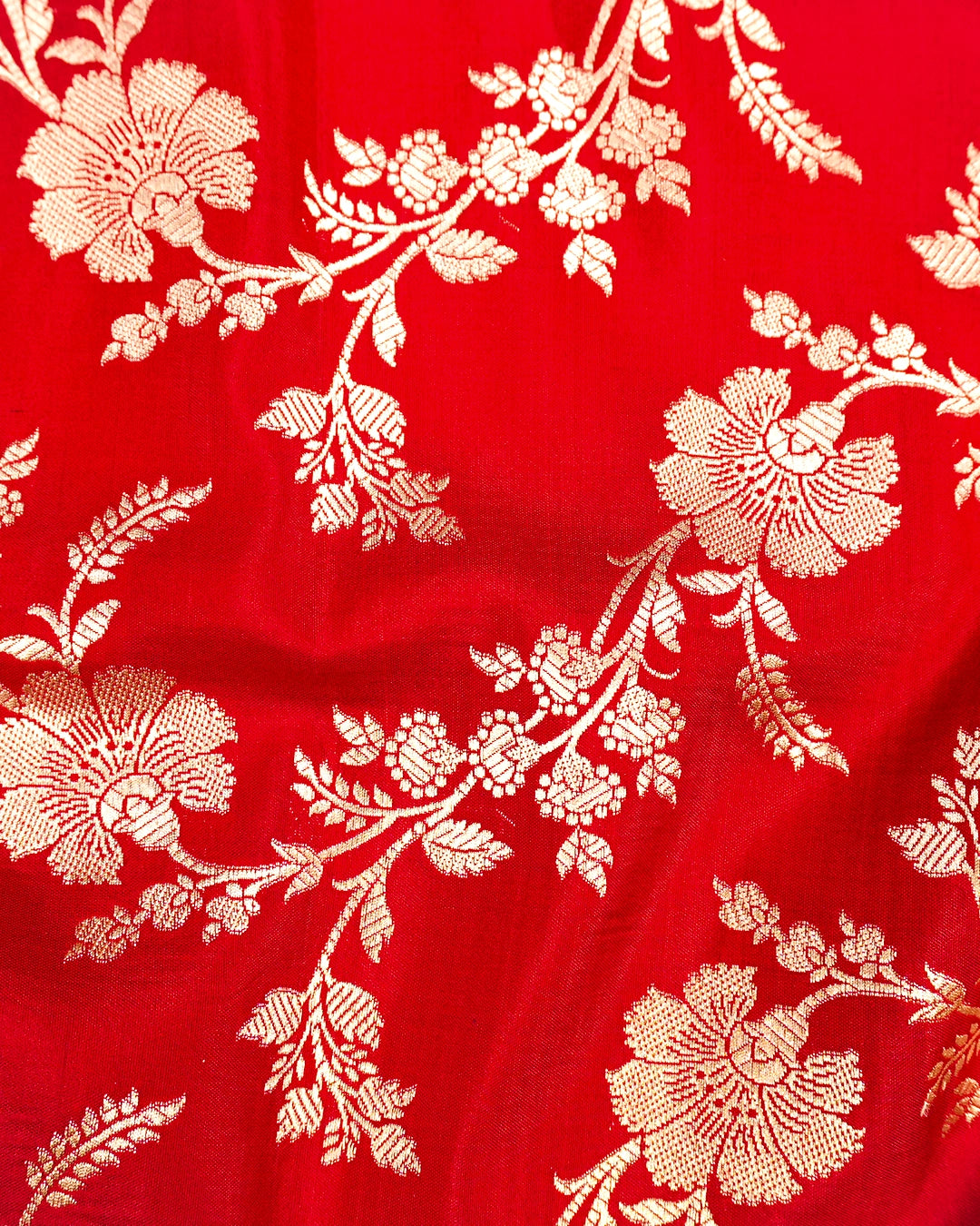 Red Pure Katan Saree with Floral Jangla Weaves