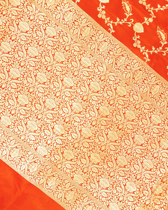 Orange Pure Katan Saree with Floral Jaal Weaves