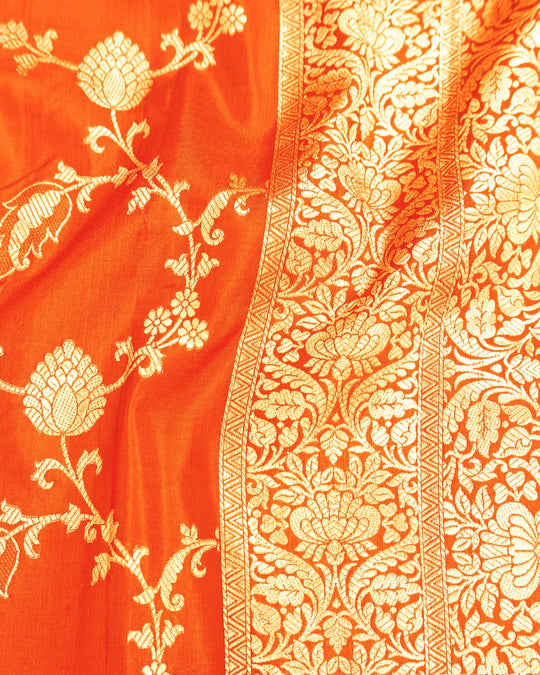 Orange Pure Katan Saree with Floral Jaal Weaves