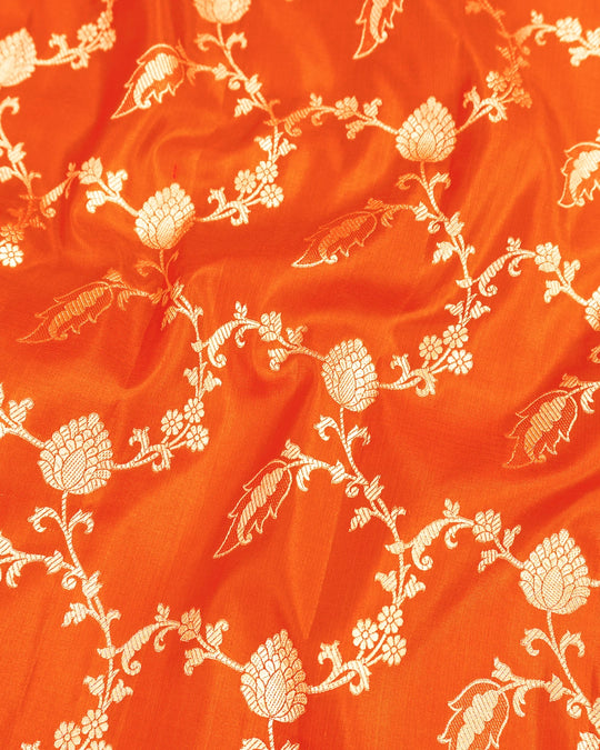 Orange Pure Katan Saree with Floral Jaal Weaves