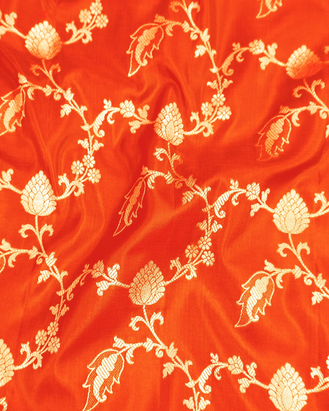 Orange Pure Katan Saree with Floral Jaal Weaves