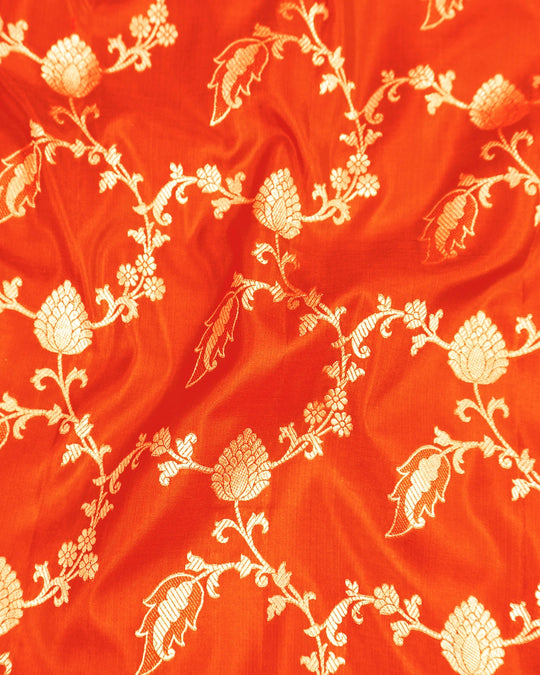 Orange Pure Katan Saree with Floral Jaal Weaves