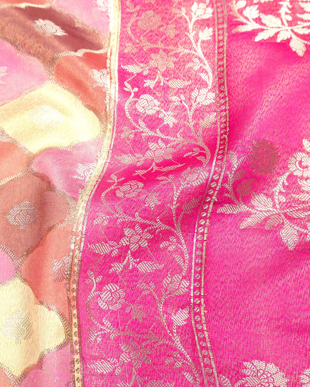 Pastel Rankat Pure Banarasi Silk + Tissue Saree with Floral Mosaic Weaving