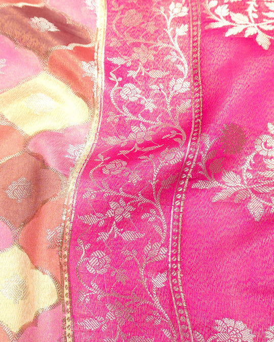 Pastel Rankat Pure Banarasi Silk + Tissue Saree with Floral Mosaic Weaving