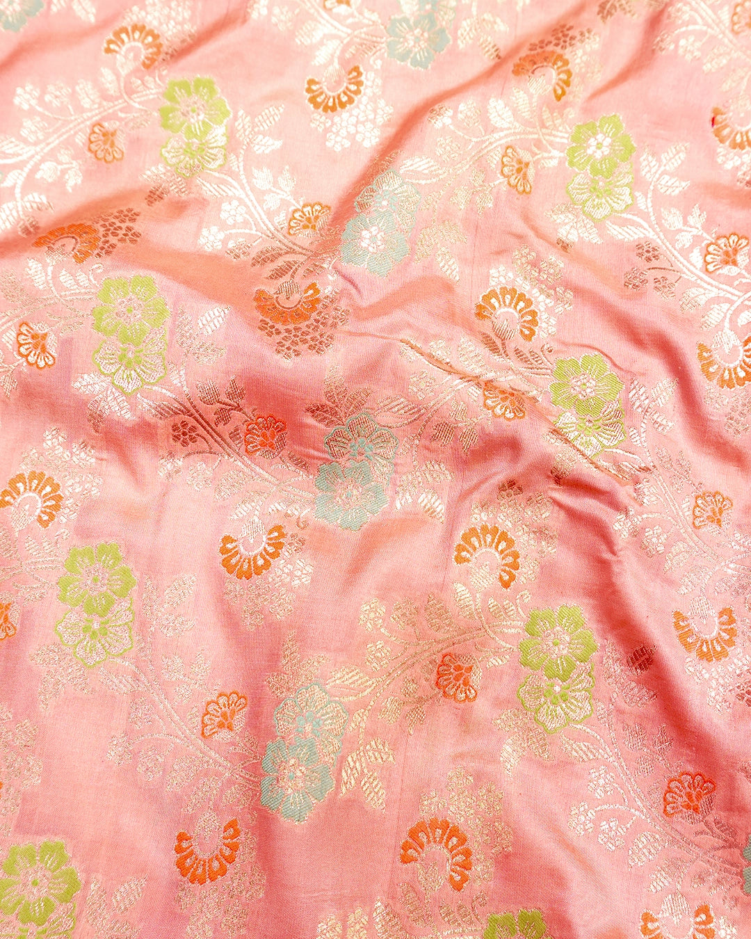 Peach Pink Pure Katan Saree with Floral Meenakari Weaves