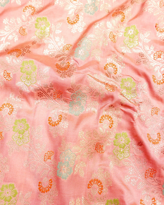 Peach Pink Pure Katan Saree with Floral Meenakari Weaves