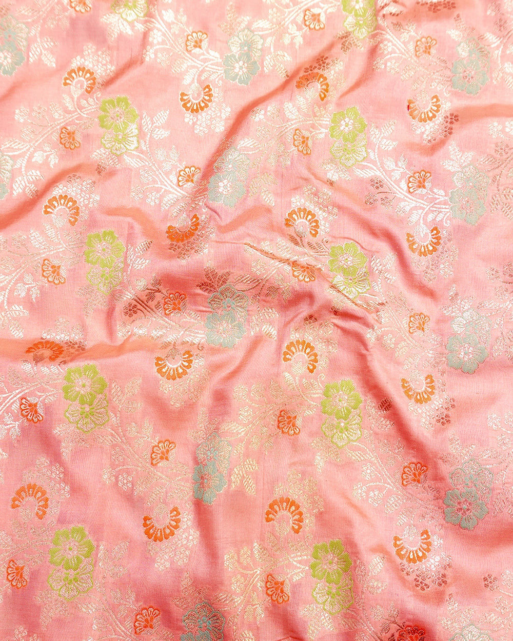 Peach Pink Pure Katan Saree with Floral Meenakari Weaves