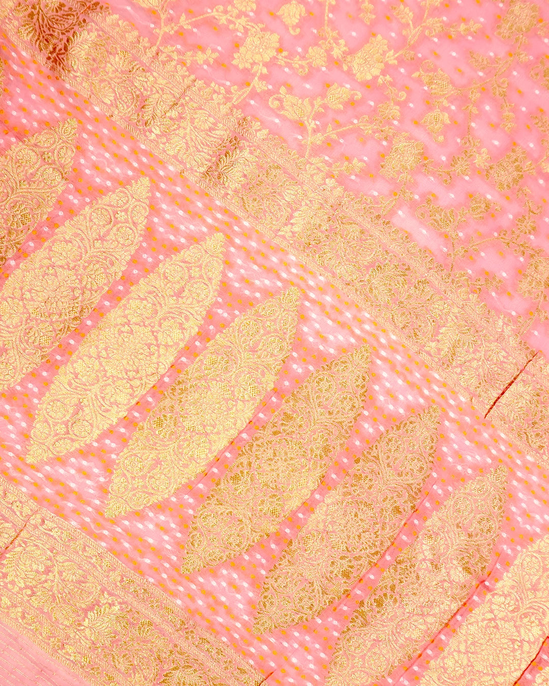 Soft Pink Pure Khaddi Georgette Bandhej Saree with Floral Vine Jaal