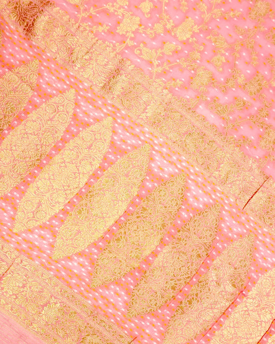 Soft Pink Pure Khaddi Georgette Bandhej Saree with Floral Vine Jaal