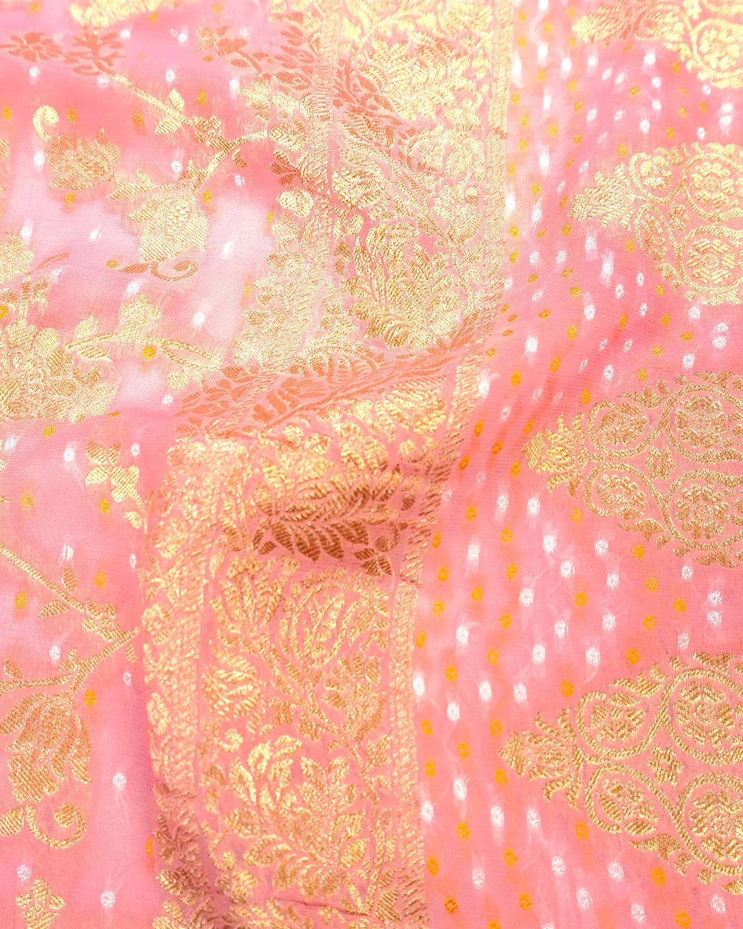 Soft Pink Pure Khaddi Georgette Bandhej Saree with Floral Vine Jaal