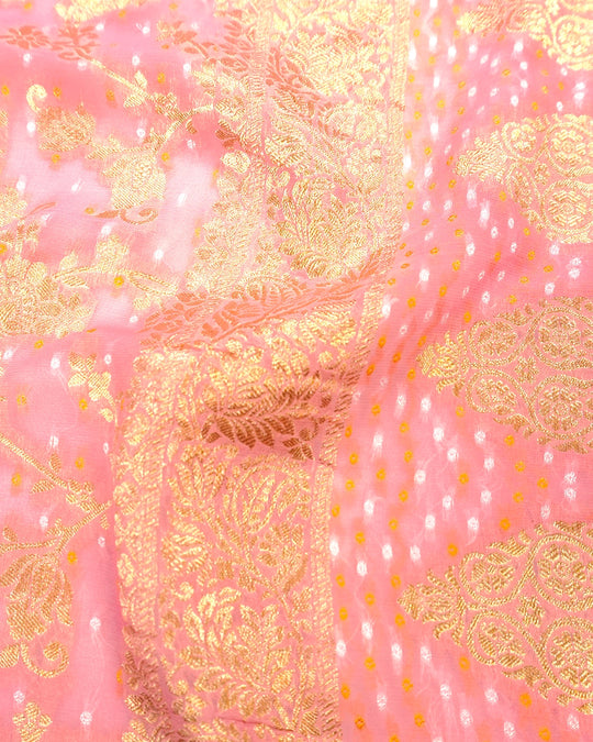Soft Pink Pure Khaddi Georgette Bandhej Saree with Floral Vine Jaal