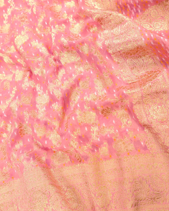 Soft Pink Pure Khaddi Georgette Bandhej Saree with Floral Vine Jaal