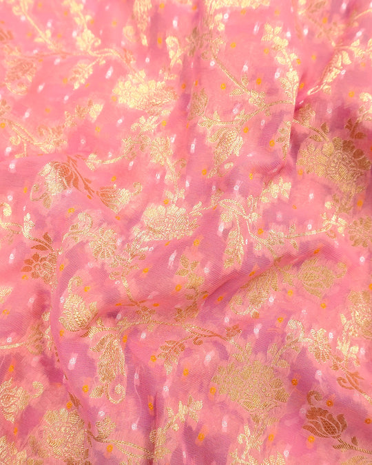 Soft Pink Pure Khaddi Georgette Bandhej Saree with Floral Vine Jaal