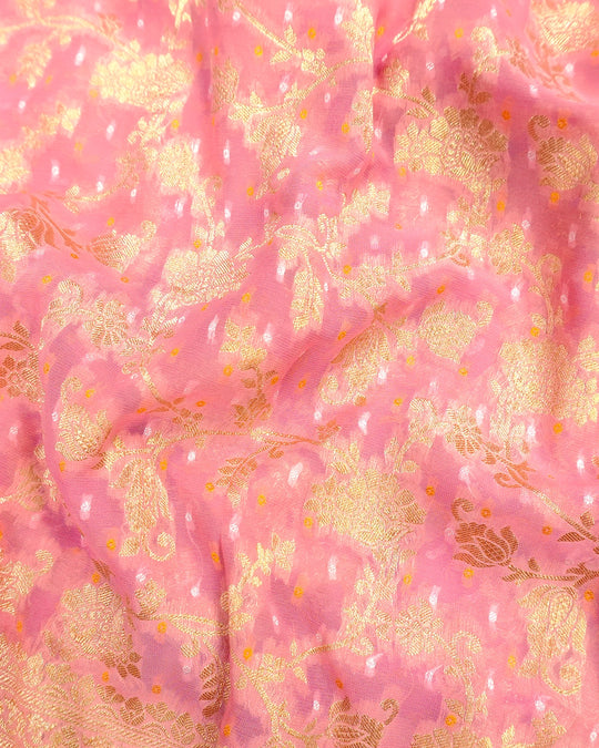 Soft Pink Pure Khaddi Georgette Bandhej Saree with Floral Vine Jaal