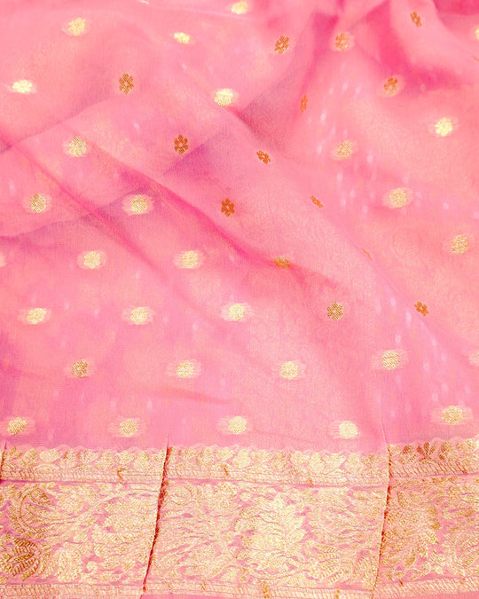 Soft Pink Pure Khaddi Georgette Bandhej Saree with Floral Vine Jaal