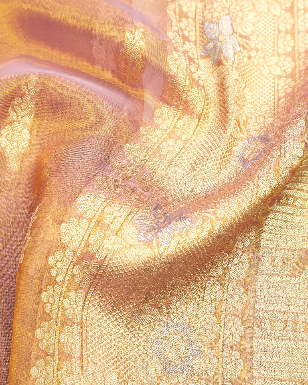 Soft Lavender Gold Pure Tissue Saree with Delicate Leaf Butas
