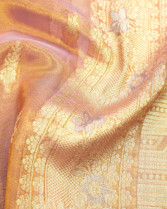 Soft Lavender Gold Pure Tissue Saree with Delicate Leaf Butas