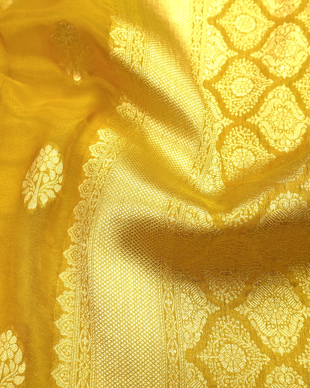 Mustard Gold Pure Tissue Saree with Floral Medallions Weaves