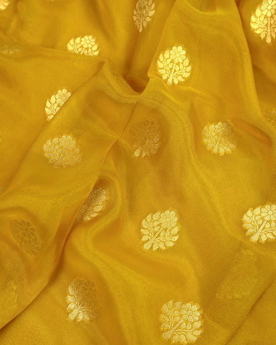 Mustard Gold Pure Tissue Saree with Floral Medallions Weaves