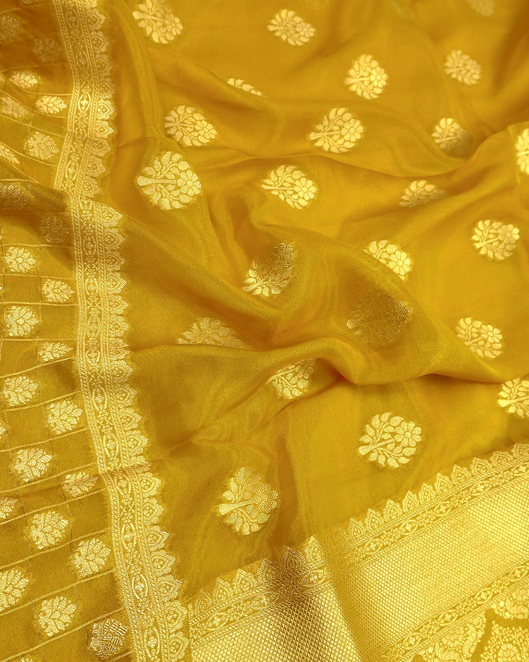 Mustard Gold Pure Tissue Saree with Floral Medallions Weaves