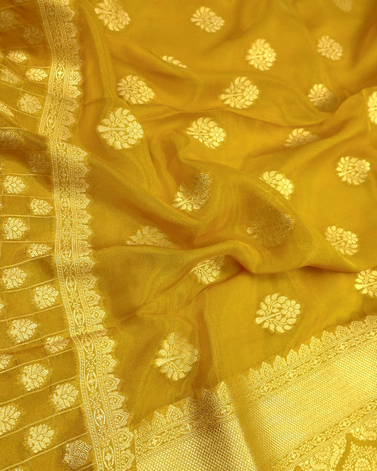 Mustard Gold Pure Tissue Saree with Floral Medallions Weaves
