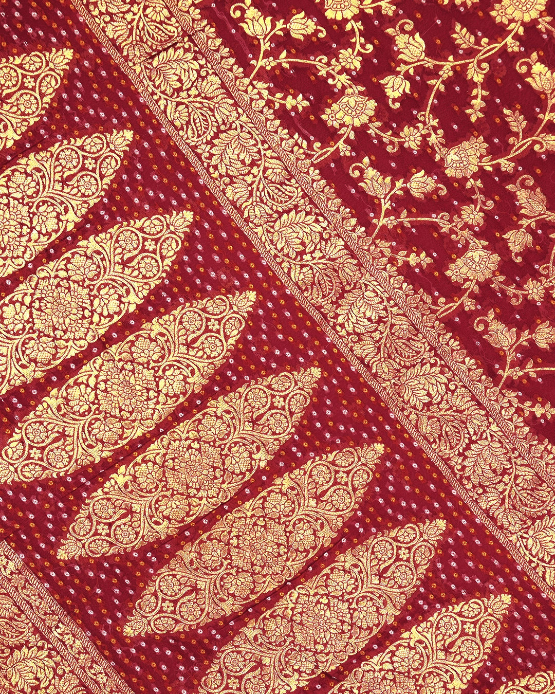 Red Pure Khaddi Georgette Bandhej Saree with Vintage Floral Jaal Weaves